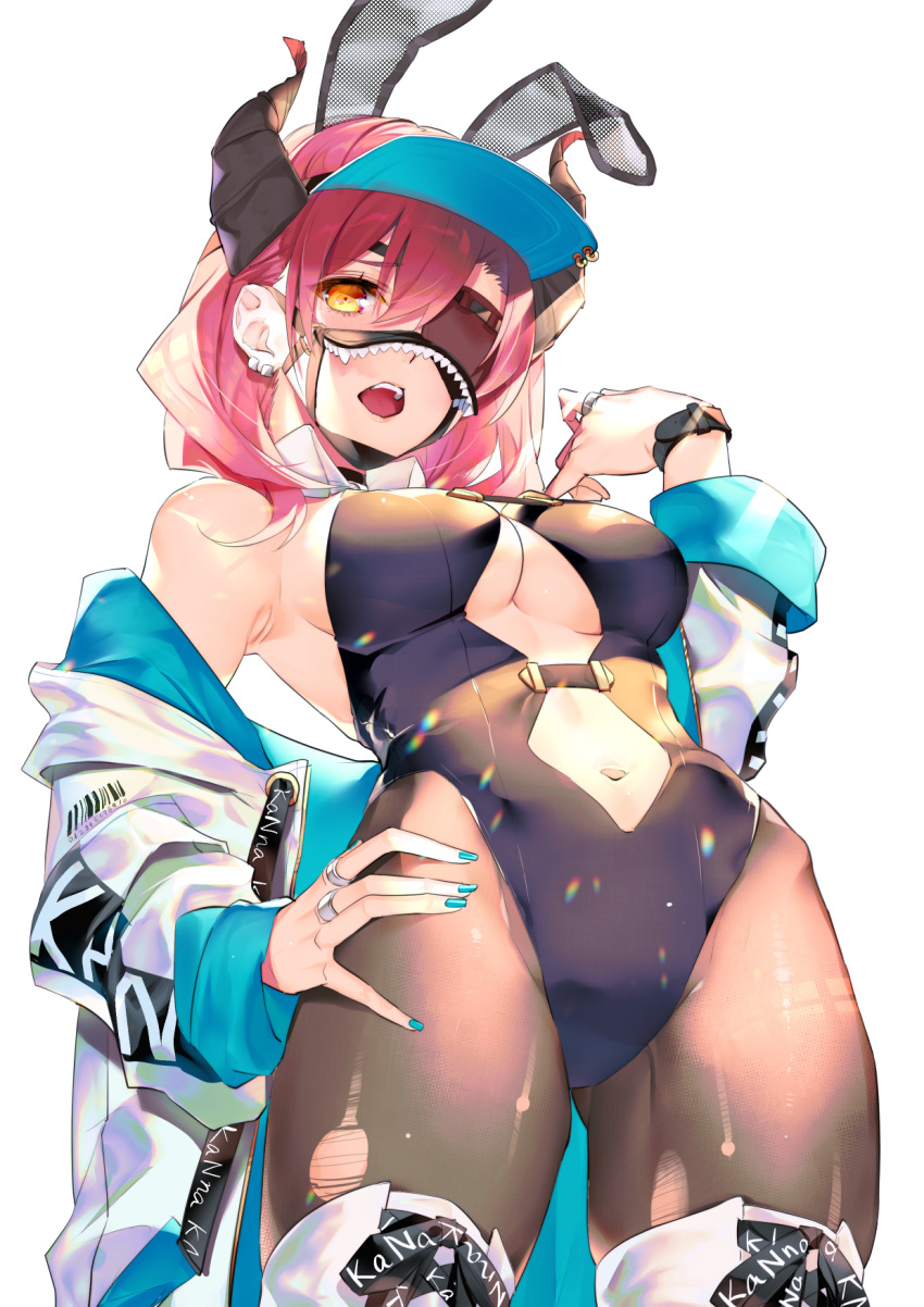 1girl animal_ears armpits ass_visible_through_thighs ayamori_mimi barcode bare_shoulders black_leotard blue_headwear blue_nails blush breasts brown_legwear bunnysuit center_opening earrings eyepatch_bikini fake_animal_ears fingernails from_below hair_between_eyes hand_on_hip highleg highleg_leotard highres horns jacket jewelry leotard long_sleeves looking_at_viewer looking_down medium_breasts medium_hair nail_polish off_shoulder one_eye_covered open_clothes open_jacket open_mouth original pink_hair rabbit_ears ring short_hair simple_background solo thigh-highs torn_clothes torn_legwear under_boob upper_teeth visor_cap white_background white_jacket white_legwear wristband yellow_eyes