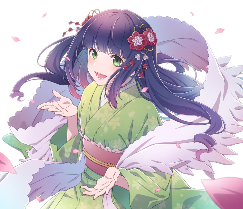 1girl bangs blue_hair blunt_bangs blush character_request copyright_request eyebrows_visible_through_hair flower green_eyes green_kimono hair_flower hair_ornament happy highres japanese_clothes kimono long_hair looking_at_viewer smile solo teeth tongue tsu3_v very_long_hair