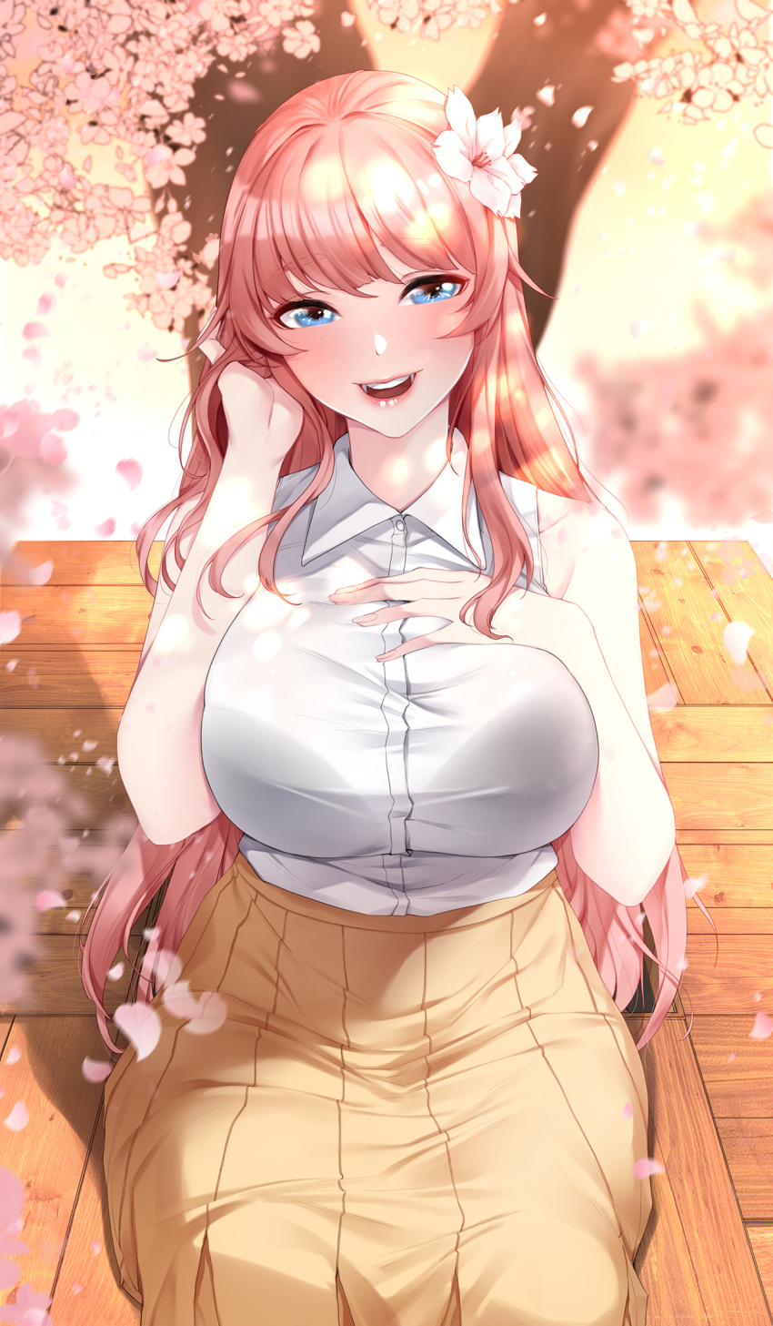 1girl adjusting_hair akchu bangs bare_shoulders beige_skirt blue_eyes breasts cherry_blossoms collared_shirt commentary eyebrows_visible_through_hair falling_petals flower from_above hair_flower hair_ornament hand_on_own_chest highres large_breasts long_hair long_skirt looking_at_viewer open_mouth original outdoors pink_hair shirt short_sleeves sidelocks sitting skirt sleeveless sleeveless_shirt smile tree white_shirt wooden_bench