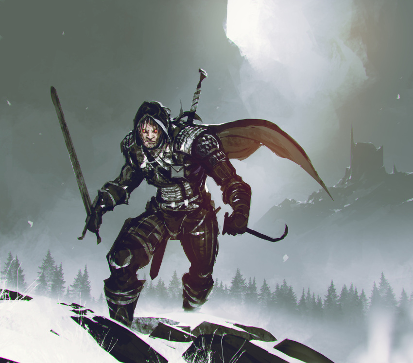 1boy absurdres beard brown_gloves brown_hair brown_pants cape english_commentary facial_hair fog forest geralt_of_rivia gloves glowing glowing_eyes highres holding holding_sword holding_weapon hood hood_up hooded_cape kalmahul long_sleeves looking_at_viewer nature outdoors pants scenery short_hair snow snowing solo standing striped striped_pants sword the_witcher_(series) the_witcher_3 tree weapon weapon_on_back
