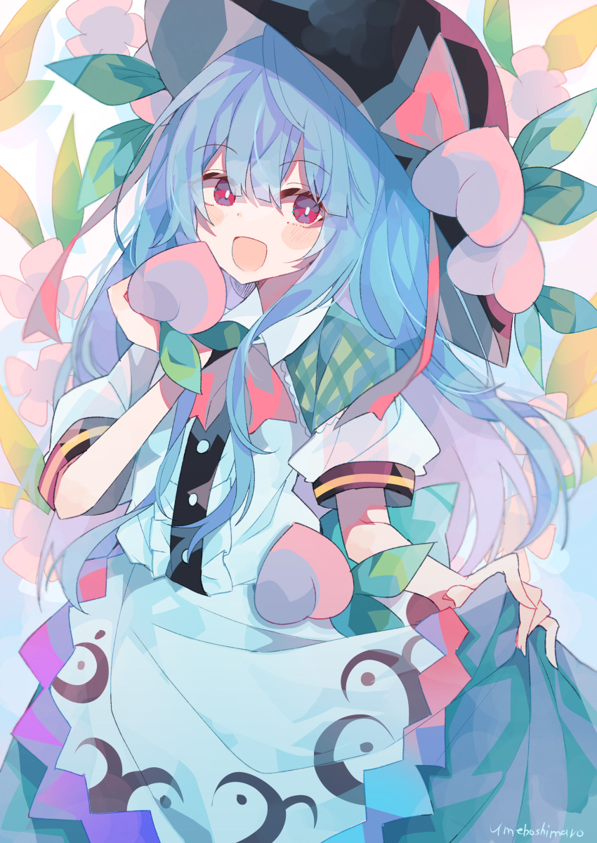 1girl absurdres apron bangs black_headwear blouse blue_hair blue_skirt blush bow bowtie buttons cowboy_shot dress dress_shirt eyebrows_visible_through_hair flower food frills fruit hat highres hinanawi_tenshi leaf long_hair looking_at_viewer neck_ribbon open_mouth peach puffy_short_sleeves puffy_sleeves rainbow_gradient rainbow_order red_bow red_eyes ribbon shirt short_sleeves skirt touhou umemaro_(siona0908) white_blouse white_shirt wing_collar