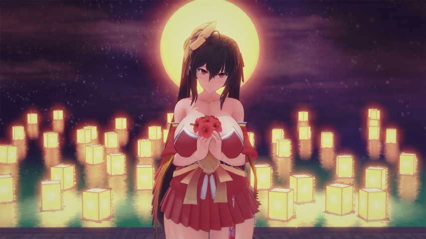1girl 3d azur_lane bare_shoulders black_hair breasts cocoron_cm3d2 flower full_moon hair_ornament highres holding holding_flower japanese_clothes kimono large_breasts long_hair long_sleeves looking_at_viewer moon night night_sky red_eyes red_flower red_kimono short_kimono sky solo taihou_(azur_lane) thick_thighs thighs wide_sleeves