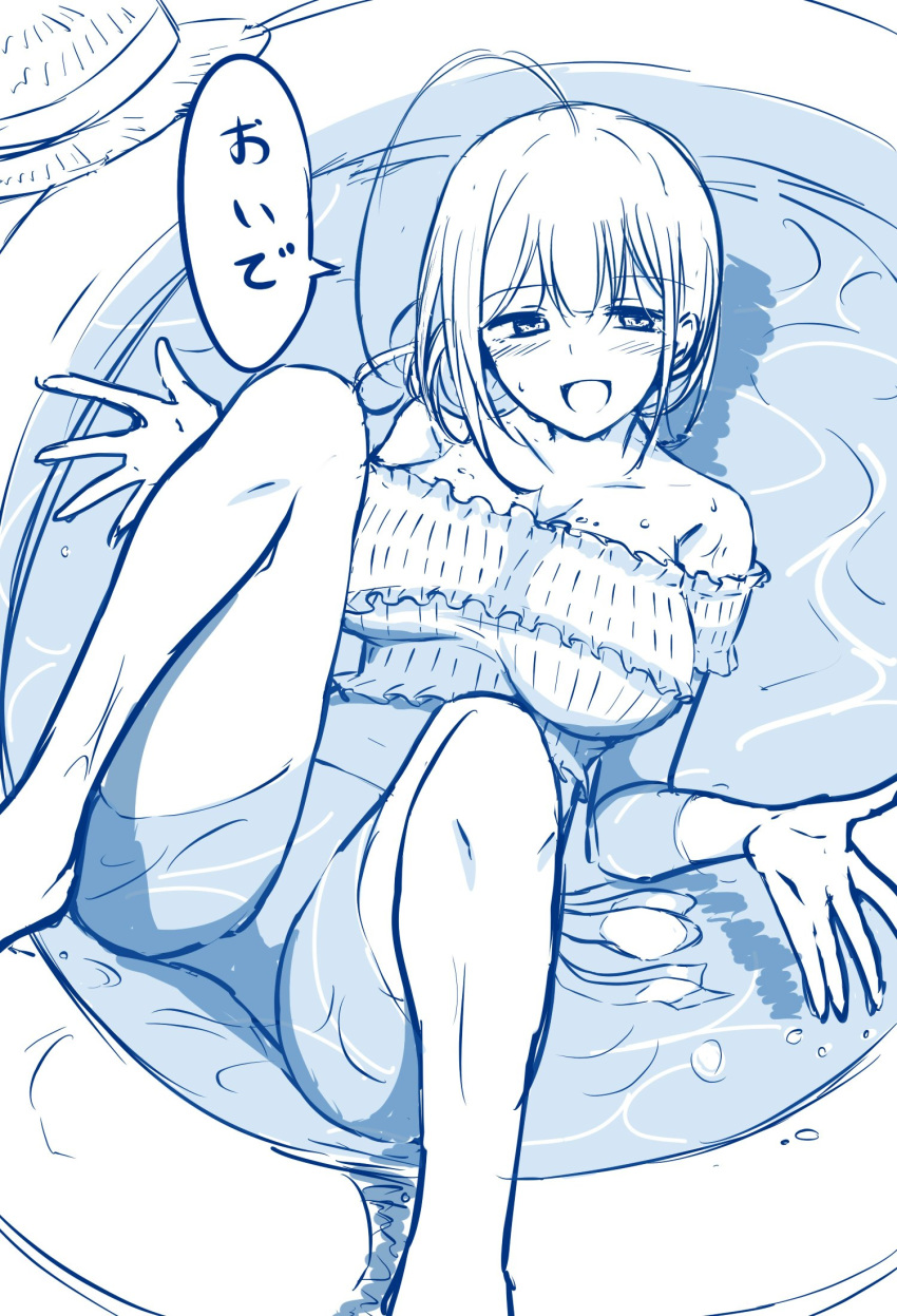 1girl ahoge blue_theme breasts eyebrows_visible_through_hair famikuzu hat highres idolmaster idolmaster_shiny_colors kuwayama_chiyuki large_breasts looking_at_viewer lying monochrome naughty_face on_back pool spread_legs translated wading_pool water