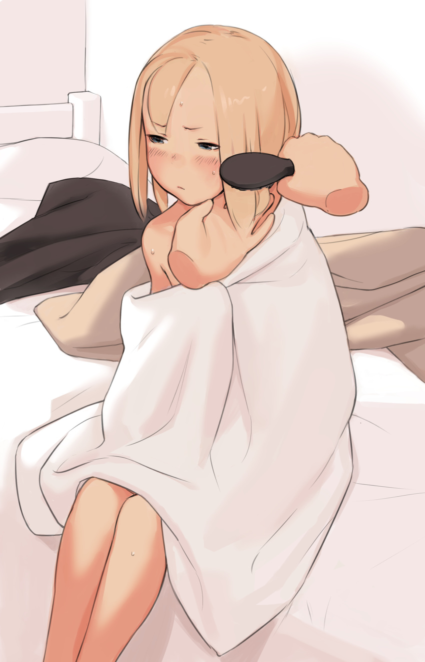 1girl absurdres bangs bed blonde_hair blue_eyes blush brushing_another's_hair disembodied_limb hair_brush hair_brushing highres i0525 loli looking_to_the_side naked_towel original short_hair sitting solo_focus towel wet