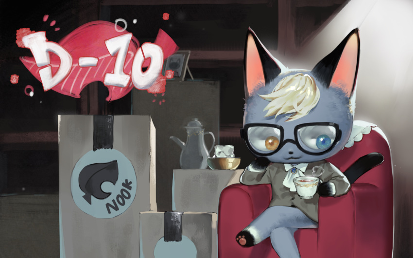 1boy animal_ears blonde_hair cat_ears cat_tail cup doubutsu_no_mori furry glasses heterochromia highres jack_(doubutsu_no_mori) pon_pacha626 sitting solo tail teacup teapot