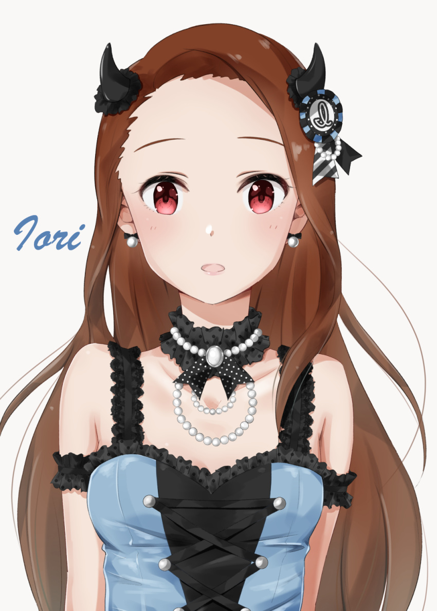 1girl arm_behind_back black_ribbon brown_hair character_name choker collarbone earrings fake_horns floating_hair hair_ribbon highres idolmaster idolmaster_(classic) jewelry long_hair looking_at_viewer minase_iori mogskg necklace open_mouth red_eyes ribbon shiny shiny_hair simple_background sleeveless solo striped striped_ribbon upper_body very_long_hair white_background