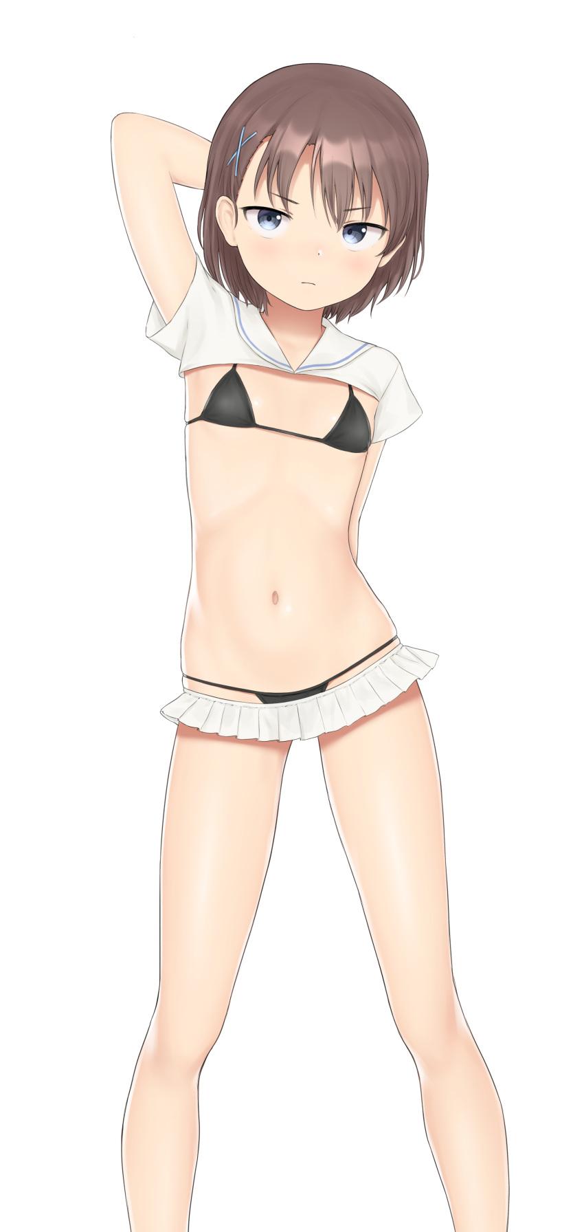 1girl absurdres bare_legs bikini blue_eyes blush feet_out_of_frame flat_chest hair_ornament highres looking_at_viewer micro_bikini microskirt navel nyarukac original short_hair simple_background skirt solo swimsuit white_background x_hair_ornament