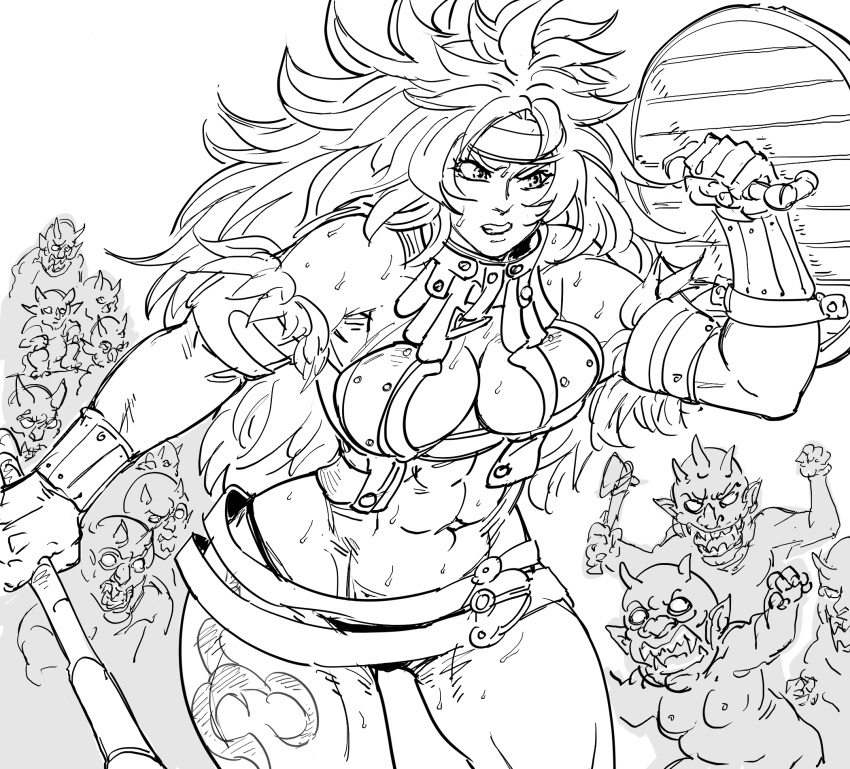 1girl abs bare_shoulders bb_(baalbuddy) big_hair bracer breasts goblin greyscale hand_up headband highres holding holding_shield holding_sword holding_weapon instant_loss_2koma large_breasts long_hair monochrome muscle muscular_female navel panties queen's_blade risty shield simple_background sweatdrop sword tattoo toned underwear weapon white_background