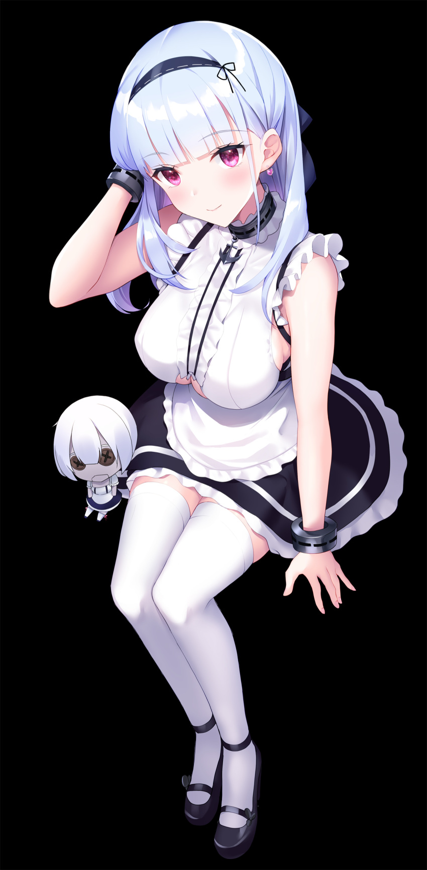 1girl absurdres anchor_choker apron azur_lane bangs black_background black_hairband blunt_bangs blush breasts caburi_cat center_frills character_doll choker closed_mouth cuffs dido_(azur_lane) earrings frilled_choker frills full_body hairband heart heart_earrings highres jewelry large_breasts long_hair looking_at_viewer maid simple_background smile thigh-highs under_boob underboob_cutout violet_eyes waist_apron white_apron white_hair white_legwear