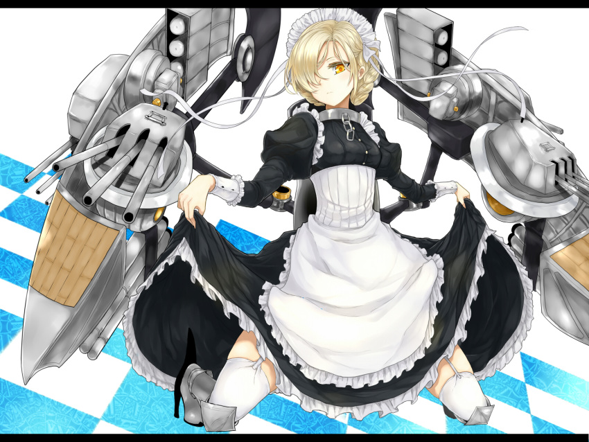 1girl apron azur_lane azure_luna black_dress blonde_hair boots braid bustier chain check_commentary checkered checkered_background closed_mouth collar commentary commentary_request dress eyelashes french_braid frilled_dress frills full_body garter_straps hair_over_one_eye hair_ribbon high_heel_boots high_heels highres invisible_floor juliet_sleeves knee_boots kneeling letterboxed lifted_by_self long_sleeves looking_at_viewer maid maid_apron maid_headdress metal_boots metal_collar poleyn puffy_sleeves ribbon rigging sabaton sheffield_(azur_lane) skirt skirt_lift solo thigh-highs tsurime turret white_legwear white_ribbon wrist_cuffs yellow_eyes