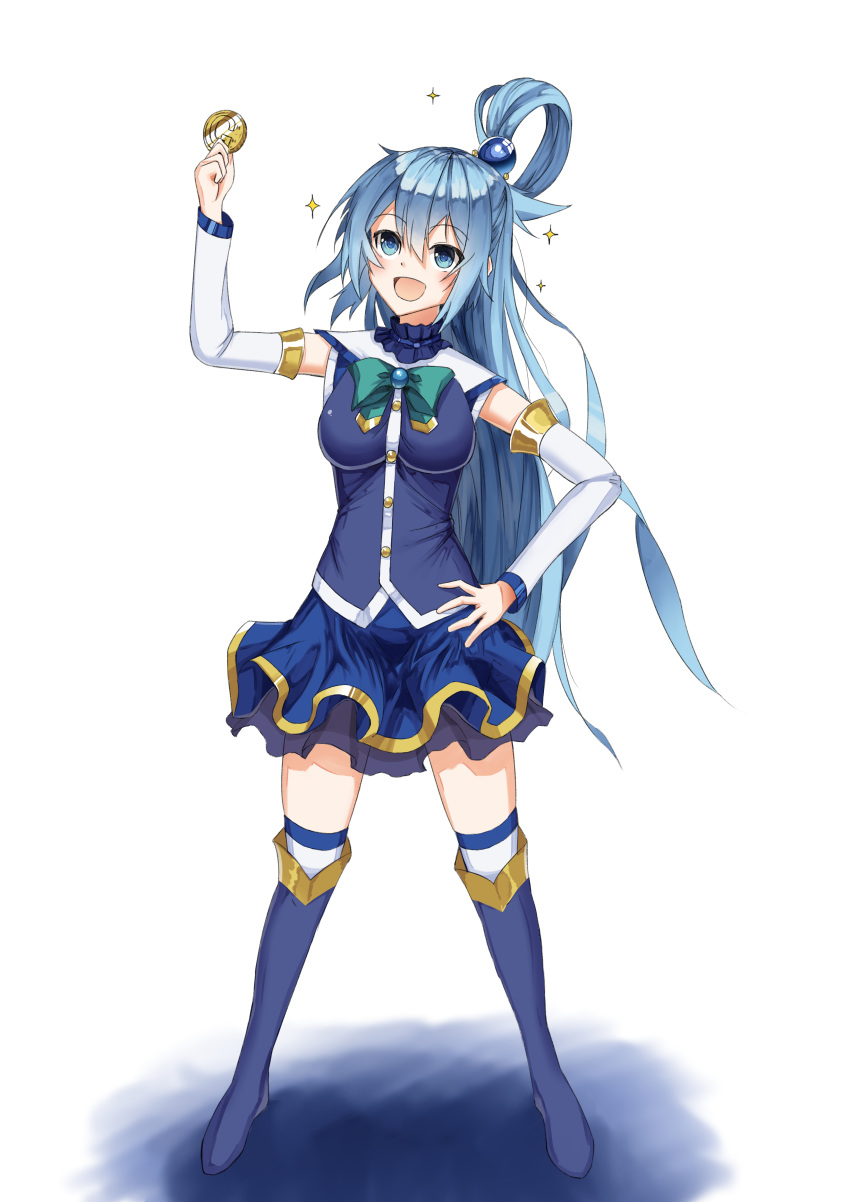 1girl absurdres aqua_(konosuba) blue_eyes blue_hair boots colored_pencil_(medium) gold_coin highres kono_subarashii_sekai_ni_shukufuku_wo! long_hair ponytail thigh-highs thigh_boots traditional_media user_grev3334