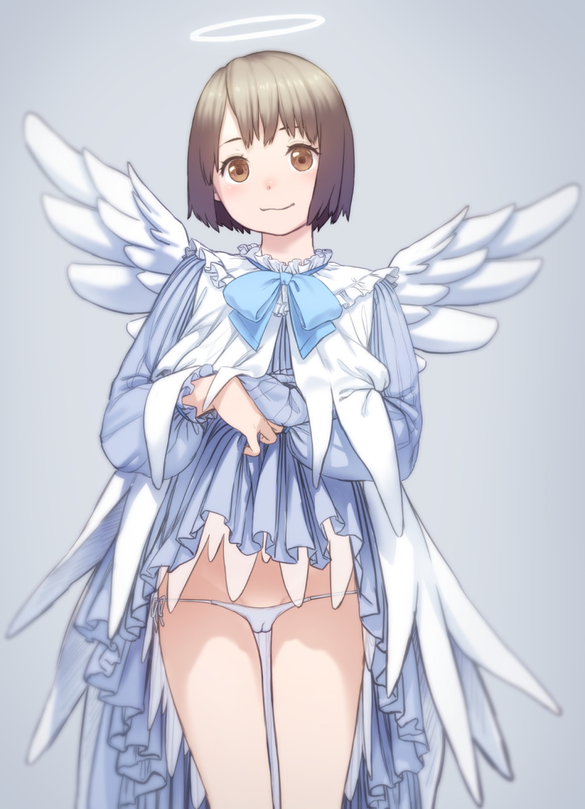 1girl angel_wings blue_dress bow bowtie brown_eyes brown_hair copyright_request cowboy_shot dress dress_lift halo highres panties pastime774 short_hair side-tie_panties solo underwear white_panties wings