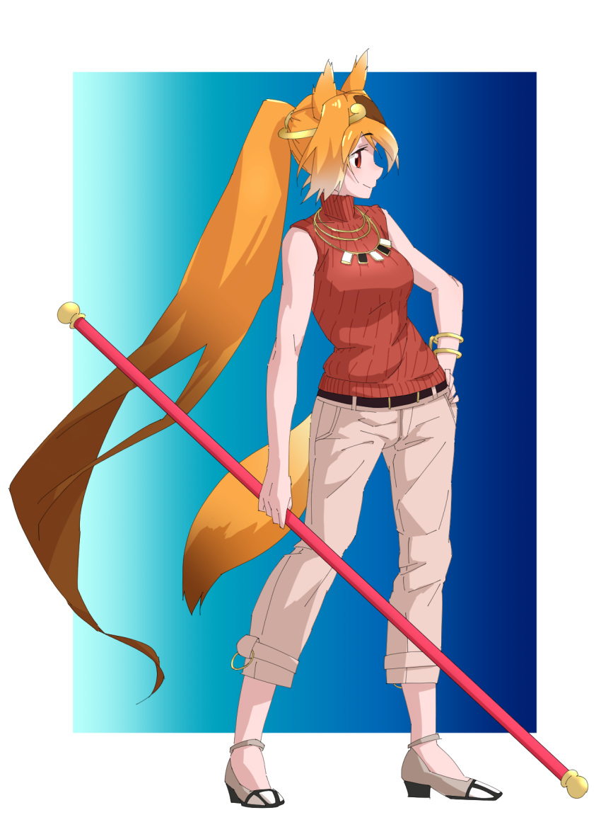 1girl animal_ears arm_at_side bare_arms bare_shoulders belt brown_hair casual circlet closed_mouth contemporary full_body golden_snub-nosed_monkey_(kemono_friends) hand_on_hip high_ponytail highres holding holding_weapon jewelry kemono_friends long_hair looking_afar monkey_ears monkey_tail multicolored_hair necklace orange_hair pants red_eyes red_sweater shoes sleeveless sleeveless_sweater smile solo standing sweater tail tanabe_(fueisei) very_long_hair weapon