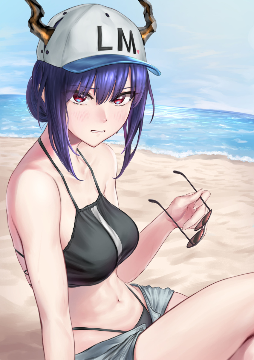 1girl absurdres arknights bangs bare_arms bare_shoulders baseball_cap beach bikini black_bikini blue_hair blue_sky breasts ch'en_(arknights) commentary cowboy_shot day dragon_horns eyebrows_visible_through_hair hair_between_eyes hat highleg highleg_bikini highres holding holding_eyewear horns looking_at_viewer medium_breasts monegi navel ocean open_fly outdoors red_eyes short_hair short_shorts shorts sitting sky solo stomach sunglasses swimsuit thighs water