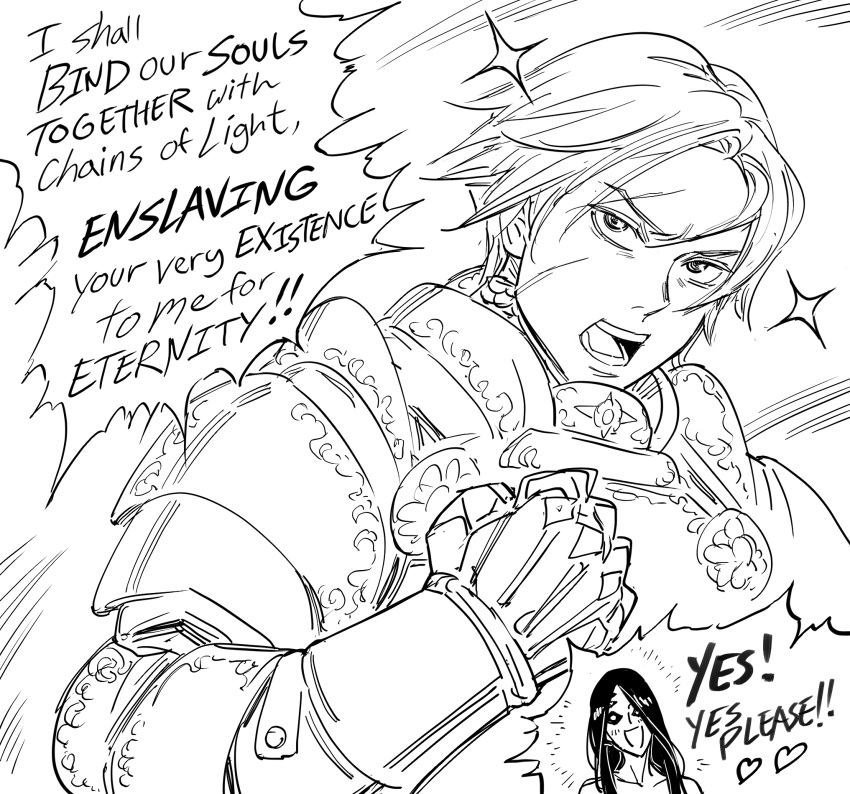 1boy 1girl armor bangs bb_(baalbuddy) commentary english_commentary english_text extra_eyes gauntlets greyscale heart highres long_hair male_focus monochrome monster_girl open_mouth original paladin paladin_(baalbuddy) parted_bangs pauldrons simple_background sparkle spoken_heart white_background