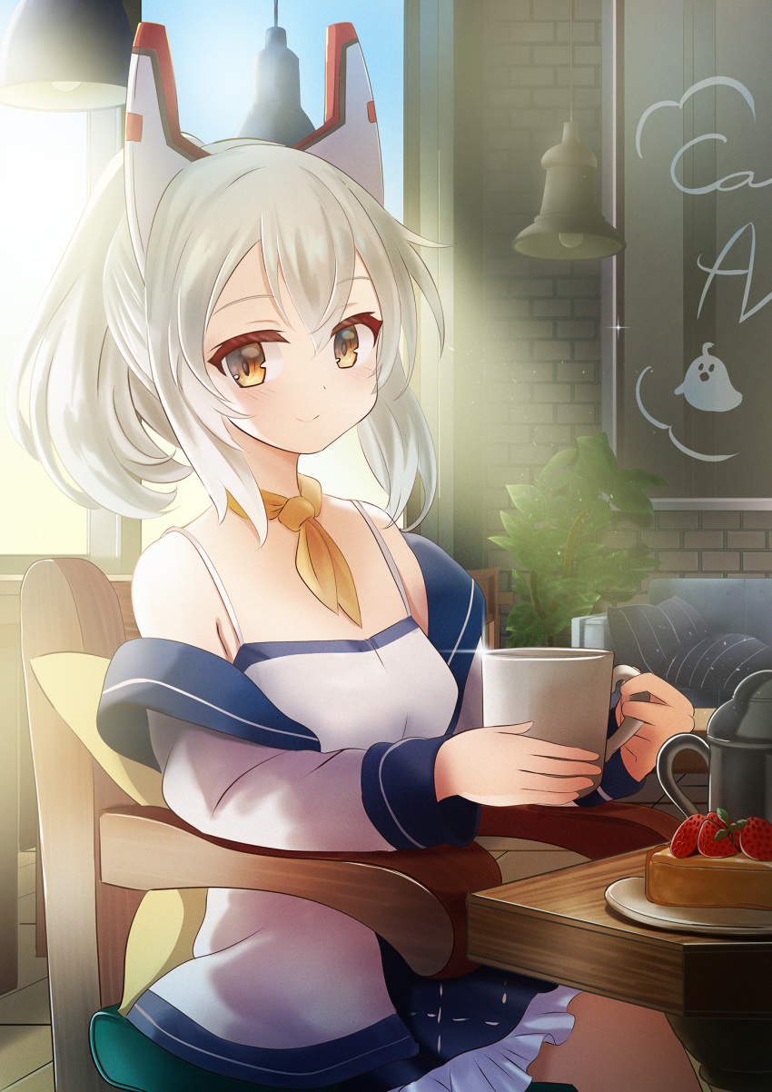 1girl ayanami_(azur_lane) azur_lane bangs bare_shoulders blue_skirt blush breasts brick_wall cafe cameo casual chair coffee_pot couch cowboy_shot cup english_commentary eyebrows_visible_through_hair food frilled_skirt frills fruit glint hair_between_eyes headgear high_ponytail highres holding holding_cup indoors jacket john_manjirou_(love-love-happy21) lamp light_rays long_sleeves looking_at_viewer manjuu_(azur_lane) medium_breasts morning mug neckerchief off-shoulder_jacket pastry pillow plant plate platinum_blonde_hair ponytail potted_plant sidelocks sitting skirt smile solo sparkle strawberry sunbeam sunlight table white_camisole white_jacket window yellow_eyes yellow_neckwear