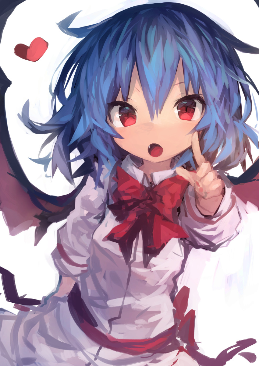 1girl absurdres bangs bat_wings blue_hair bow bowtie dress fang hair_between_eyes heart highres index_finger_raised kaamin_(mariarose753) no_hat no_headwear open_mouth pink_dress red_eyes red_neckwear remilia_scarlet sash short_hair simple_background solo touhou white_background wings