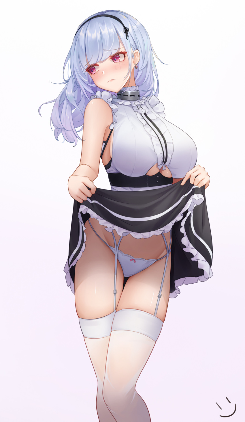 1girl apron azur_lane bangs black_hairband black_skirt blush breasts center_frills choker dido_(azur_lane) frilled_choker frills garter_belt hairband highres lace-trimmed_hairband large_breasts long_hair looking_to_the_side panties simple_background skirt skirt_lift smile_(dcvu7884) solo thigh-highs thighs under_boob underboob_cutout underwear violet_eyes waist_apron white_apron white_background white_hair white_legwear white_panties