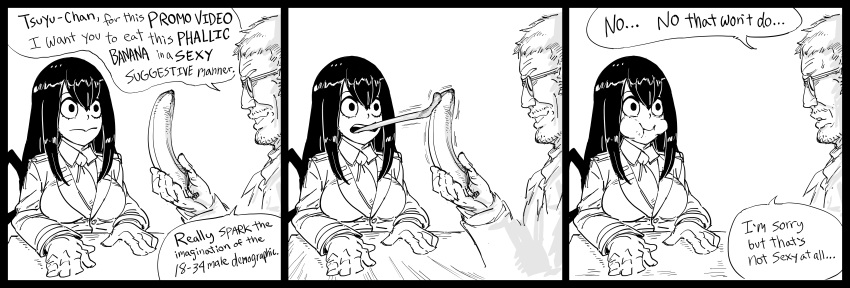 1boy 1girl :i absurdres asui_tsuyu bait_and_switch banana bb_(baalbuddy) black_border boku_no_hero_academia border closed_mouth collared_shirt commentary eating english_commentary english_text failure food frog_girl fruit glasses greyscale highres holding holding_food holding_fruit jacket long_hair long_sleeves long_tongue monochrome necktie open_mouth prehensile_tongue school_uniform shirt simple_background smile sweatdrop tongue white_background wing_collar