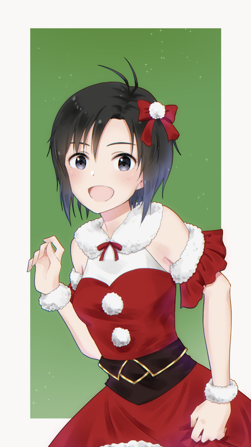 1girl :d antenna_hair arm_strap bangs black_eyes black_hair bow dress green_background hair_between_eyes hair_bow highres idolmaster idolmaster_(classic) kikuchi_makoto looking_at_viewer mogskg open_mouth red_bow red_dress santa_costume shiny shiny_hair short_hair sleeveless sleeveless_dress smile solo standing two-tone_background white_background wrist_cuffs