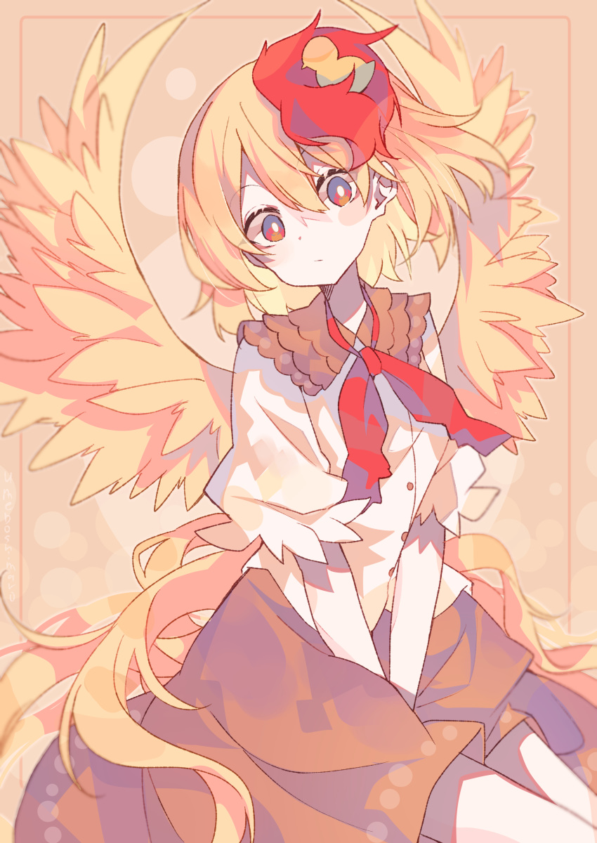 1girl absurdres animal animal_on_head bird bird_on_head bird_tail bird_wings blush bow brown_dress brown_skirt chick dress eyebrows_visible_through_hair feathered_wings highres looking_at_viewer multicolored_hair niwatari_kutaka on_head red_bow red_neckwear shirt short_hair short_sleeves sitting skirt solo tail_feathers touhou two-tone_hair umemaro_(siona0908) white_shirt wings yellow_wings