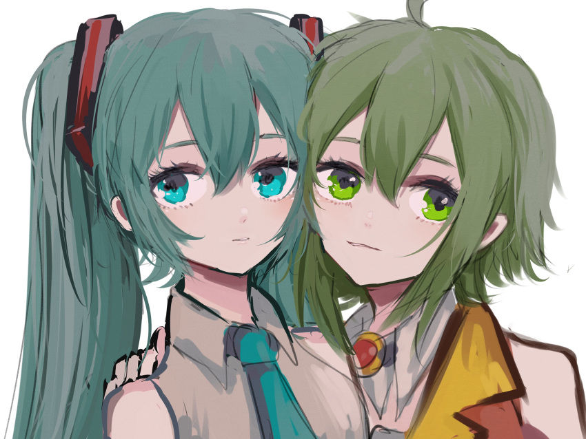 2girls amulet aqua_eyes aqua_hair aqua_neckwear bare_shoulders collar commentary forehead-to-forehead gomiyama green_eyes green_hair grey_shirt gumi hair_ornament hand_on_another's_shoulder hatsune_miku highres jacket long_hair multiple_girls necktie orange_jacket parted_lips portrait shirt short_hair side-by-side sidelocks twintails vocaloid white_background white_collar