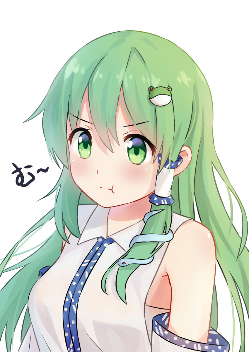 1girl absurdres angry bangs bare_shoulders blush collared_shirt detached_sleeves eyebrows_visible_through_hair frog_hair_ornament green_eyes green_hair hair_ornament hair_tubes highres kochiya_sanae long_hair shirt simple_background sleeveless sleeveless_shirt snake_hair_ornament solo touhou upper_body white_background white_shirt yaruwashi