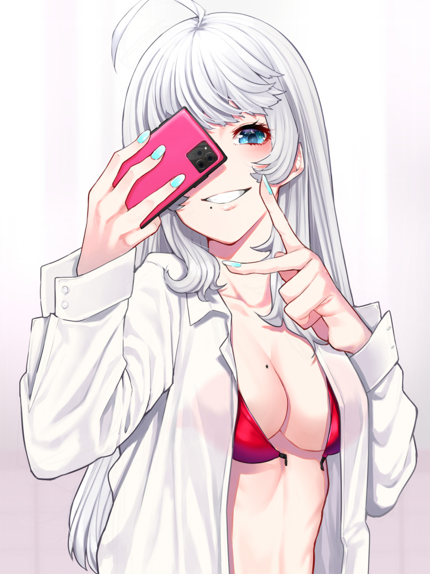 1girl bangs blue_eyes bra breast_tattoo commentary_request grin highres holding holding_phone long_sleeves looking_at_viewer mikan_(chipstar182) mole mole_under_mouth open_bra original phone red_bra shirt smile solo tattoo underwear upper_body v white_hair white_nails white_shirt