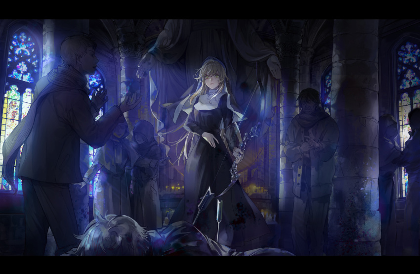 1girl 2boys 5others arrow_in_body bangs black_dress blonde_hair bow_(weapon) breasts character_request church column cross cross_necklace dark dress habit highres holding holding_bow_(weapon) holding_weapon hood indoors jacket jewelry letterboxed long_dress long_hair multiple_boys multiple_others necklace noir_(ibaraki) nun parted_lips pillar punishing:_gray_raven scarf statue weapon window yellow_eyes