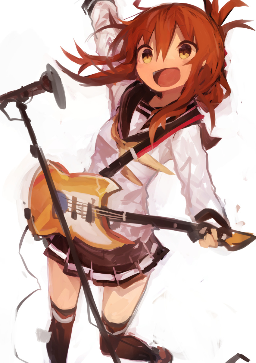 1girl absurdres arms_up bangs black_legwear black_sailor_collar black_skirt blush brown_hair eyebrows_visible_through_hair folded_ponytail guitar hair_between_eyes highres holding holding_instrument inazuma_(kantai_collection) instrument kaamin_(mariarose753) kantai_collection long_sleeves microphone microphone_stand open_mouth pleated_skirt ponytail sailor_collar school_uniform serafuku simple_background skirt solo thigh-highs white_background yellow_eyes yellow_neckwear