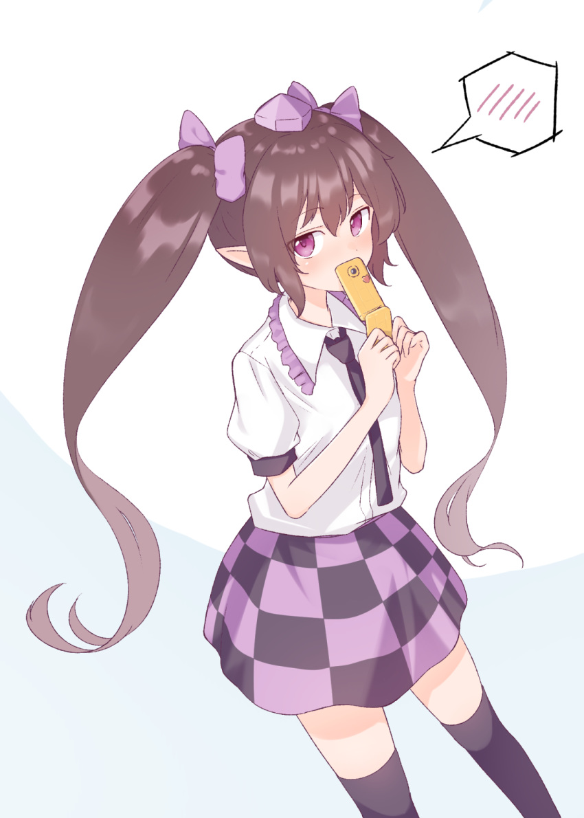 1girl black_legwear black_neckwear blue_background bow brown_hair cellphone checkered checkered_skirt covered_mouth feet_out_of_frame flip_phone hair_bow hands_up hat heart highres holding holding_phone kanpa_(campagne_9) long_hair looking_at_viewer necktie phone pointy_ears purple_bow purple_headwear purple_skirt shirt short_sleeves skirt solo thigh-highs tokin_hat touhou twintails very_long_hair violet_eyes white_shirt