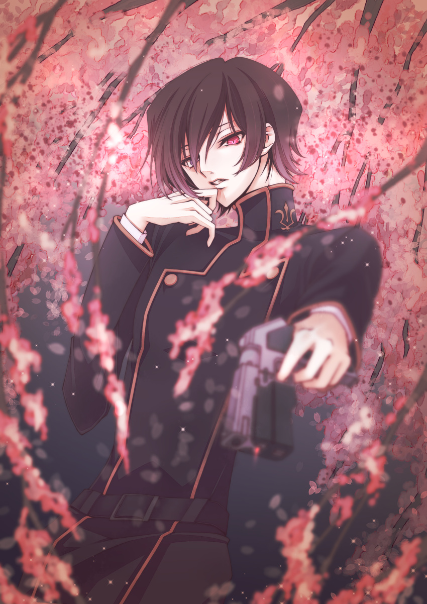 1boy absurdres black_jacket blurry_foreground brown_hair code_geass flower geass gun hair_between_eyes highres holding holding_gun holding_weapon jacket lelouch_lamperouge long_sleeves male_focus pink_flower red_eyes school_uniform solo weapon yamaaa0000