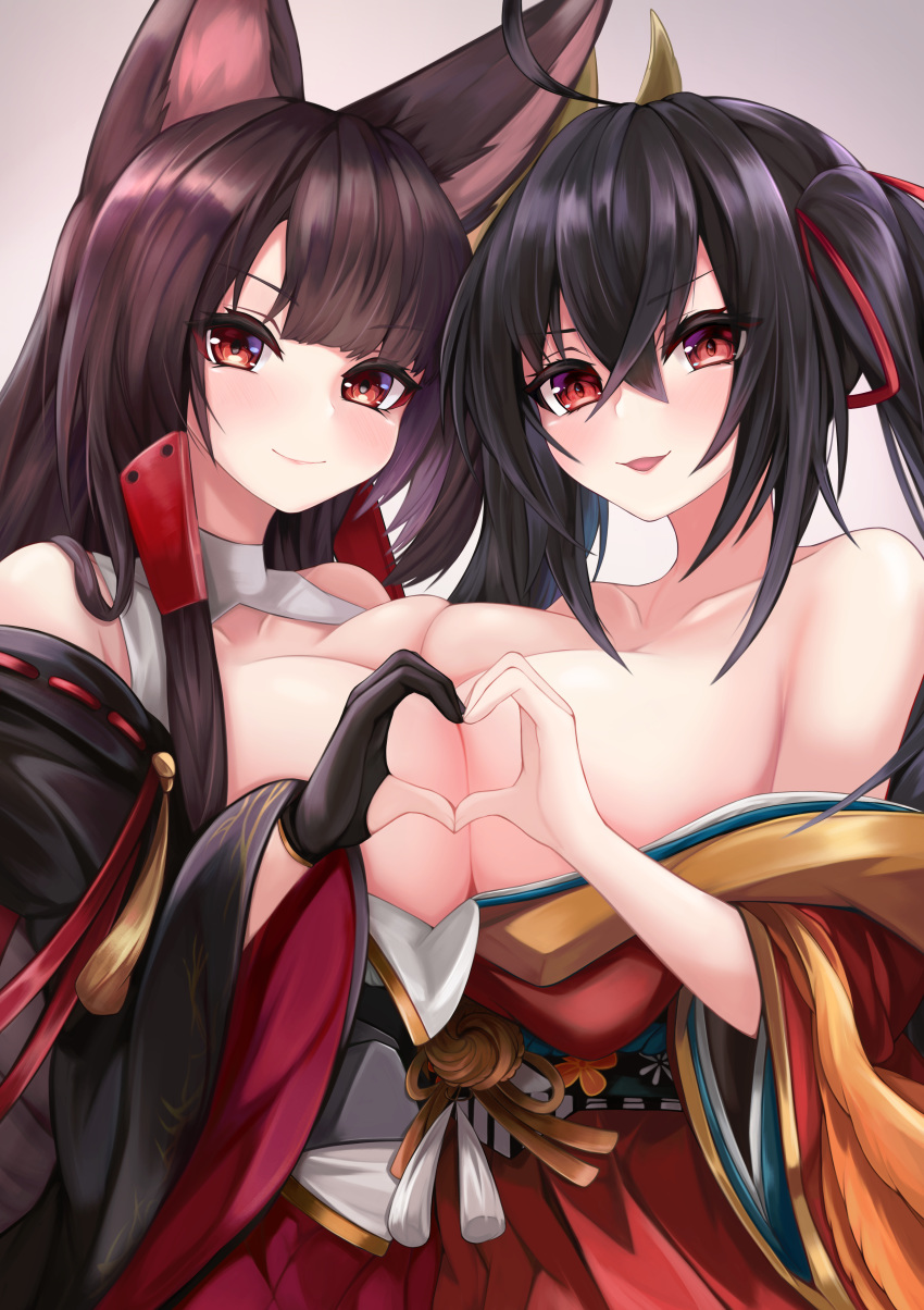 2girls absurdres ahoge akagi_(azur_lane) animal_ears azur_lane bangs bare_shoulders black_hair breast_press breasts brown_hair collarbone commentary_request eyebrows_visible_through_hair fingerless_gloves fox_ears gloves hair_between_eyes hair_ornament hair_ribbon heart heart_hands highres huge_filesize japanese_clothes kimono large_breasts long_hair long_sleeves looking_at_viewer multiple_girls open_clothes open_kimono red_eyes red_ribbon ribbon ryara_vivi sidelocks smile symmetrical_docking taihou_(azur_lane) wide_sleeves