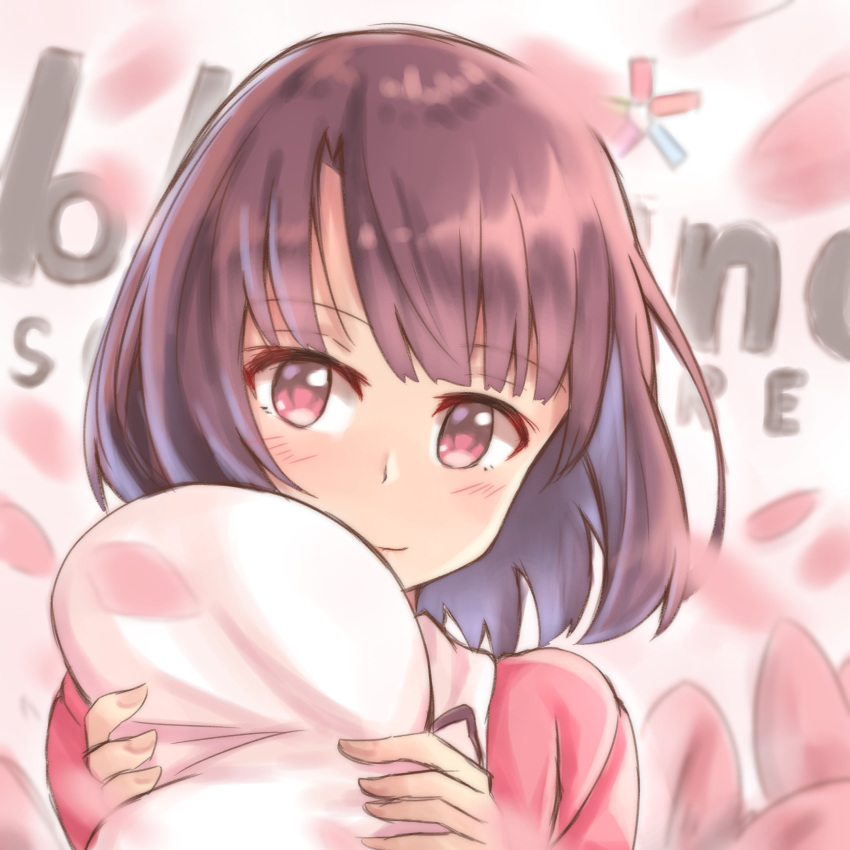 1girl absurdres background_text bangs blush brown_hair brown_nails closed_mouth collared_shirt eyebrows_visible_through_hair highres holding jacket katou_megumi looking_at_viewer petals pink_jacket red_eyes saenai_heroine_no_sodatekata shirt smile solo upper_body white_shirt zongren