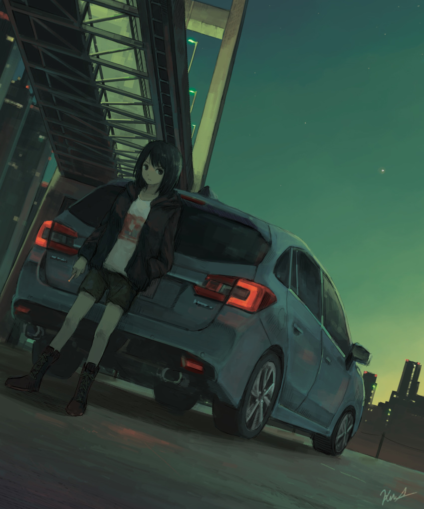 1girl black_eyes black_hair black_jacket boots bridge car cigarette cityscape cross-laced_footwear dutch_angle ground_vehicle hand_in_pocket highres hood hooded_jacket jacket kensight328 lace-up_boots motor_vehicle night original outdoors short_hair shorts sky solo standing