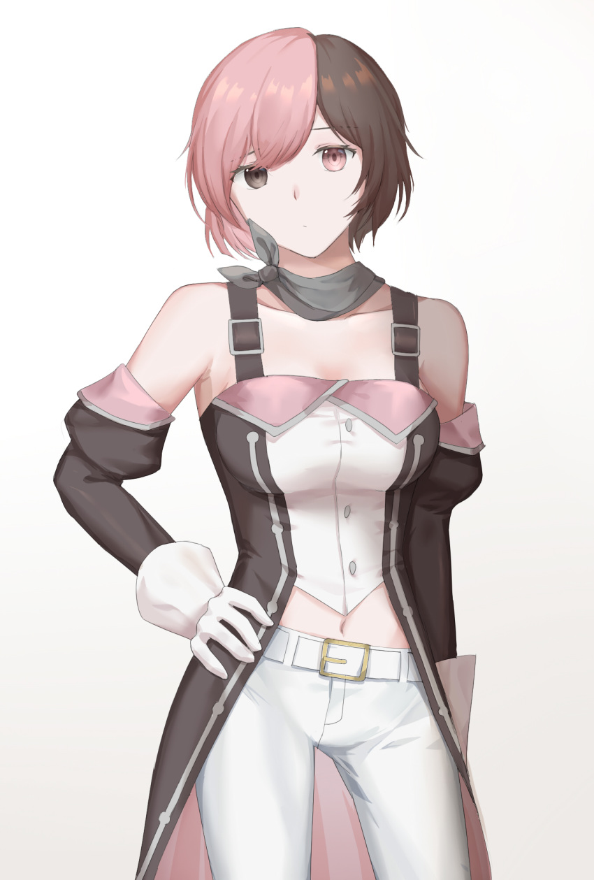 1girl breasts brown_eyes brown_hair brown_sleeves closed_mouth collarbone contrapposto cowboy_shot detached_sleeves gloves hand_on_hip heterochromia highres long_sleeves looking_at_viewer medium_breasts midriff multicolored_hair navel neo_politan pants pink_eyes pink_hair rwby shiny shiny_hair short_hair simple_background solo standing stomach tl two-tone_hair white_background white_gloves white_pants