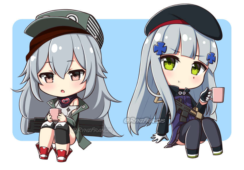 2girls assault_rifle bangs beret black_headwear black_legwear black_skirt blue_background blush boots brown_eyes chibi commission cup eyebrows_visible_through_hair facial_mark flat_cap g11_(girls_frontline) girls_frontline gloves green_eyes green_headwear green_jacket grey_hair grey_tank_top gun h&amp;k_hk416 hair_between_eyes hair_ornament hat hk416_(girls_frontline) holding holding_cup jacket long_hair long_sleeves looking_at_viewer mug multiple_girls object_namesake open_clothes open_jacket parted_lips pleated_skirt purple_jacket red_footwear rifle rynzfrancis sitting skirt tank_top thigh-highs twitter_username two-tone_background very_long_hair watermark weapon white_background white_gloves