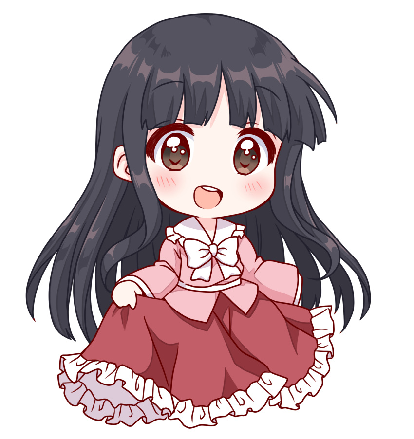 1girl absurdres bangs black_hair blunt_bangs blush bow bowtie brown_eyes chibi collared_shirt eyebrows_visible_through_hair highres hime_cut houraisan_kaguya long_skirt long_sleeves open_mouth pink_shirt red_skirt shirt skirt solo touhou upper_teeth usagi_koushaku white_background white_bow white_neckwear wide_sleeves