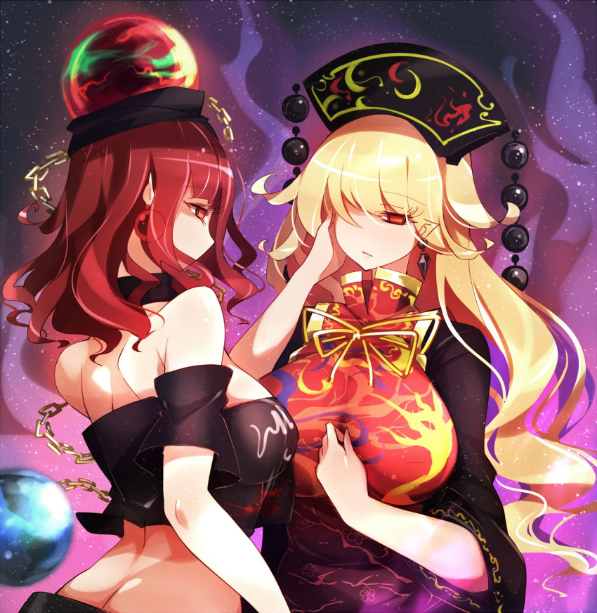 2girls aura bangs bare_shoulders black_choker black_dress black_shirt blonde_hair breasts butt_crack chain choker clothes_writing commentary crop_top dress earrings earth_(ornament) english_commentary eyebrows_visible_through_hair hand_in_hair hand_up headdress hecatia_lapislazuli highres jewelry junko_(touhou) large_breasts long_hair looking_at_another midriff multiple_girls no_nose off-shoulder_shirt off_shoulder pointy_ears polos_crown profile raptor7 red_eyes redhead shirt short_sleeves t-shirt tabard tassel touhou upper_body