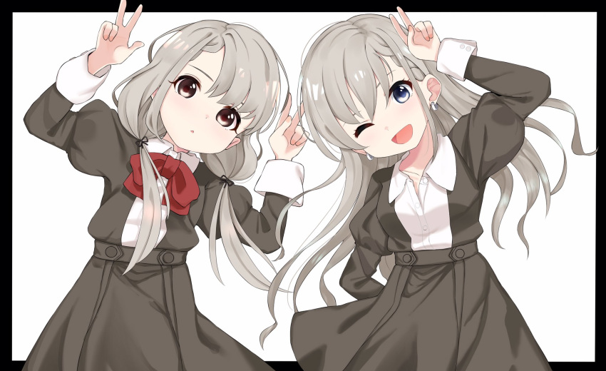 2girls ;d arm_behind_back arm_up bangs black_border black_jacket black_skirt blue_eyes border bow braid brown_eyes collared_shirt commentary_request double_w dress_shirt earrings eyebrows_behind_hair grey_hair hair_between_eyes highres hisakawa_hayate hisakawa_nagi idolmaster idolmaster_cinderella_girls idolmaster_cinderella_girls_starlight_stage jacket jewelry juliet_sleeves long_hair long_sleeves low_twintails multiple_girls one_eye_closed open_mouth outside_border parted_lips pleated_skirt puffy_sleeves red_bow shirt shiwa_(siwaa0419) siblings sisters skirt smile twins twintails v very_long_hair w white_background white_shirt