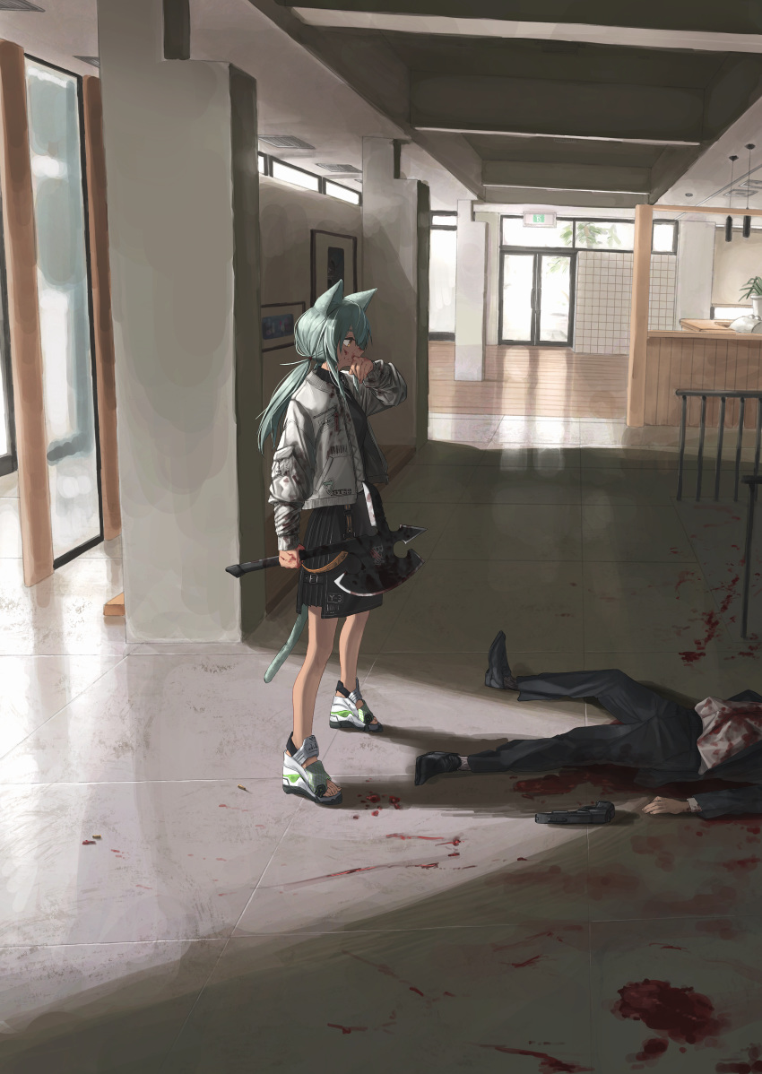 1boy 1girl absurdres animal_ears blood blood_on_face blood_splatter bloody_axe bloody_clothes bloody_hands bloody_weapon cat_ears cat_girl cat_tail death door formal green_hair gun highres huge_filesize indoors jacket long_sleeves looking_at_another original ponytail seisei_tamago shell_casing solo_focus standing suit tail weapon white_jacket yellow_eyes