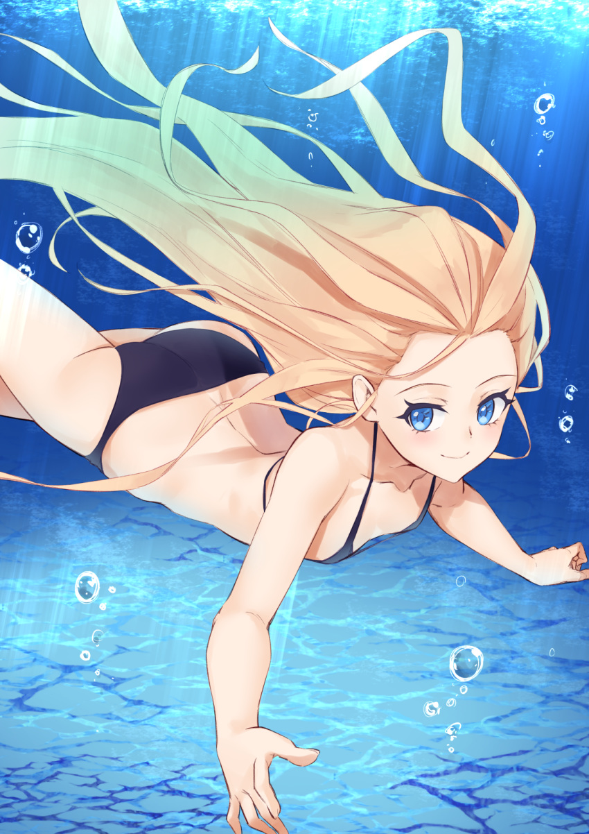 1girl abigail_williams_(fate/grand_order) ass bare_shoulders bikini black_bikini blonde_hair blue_eyes blush breasts closed_mouth collarbone fate/grand_order fate_(series) highres jilu long_hair looking_at_viewer small_breasts smile solo swimming swimsuit underwater