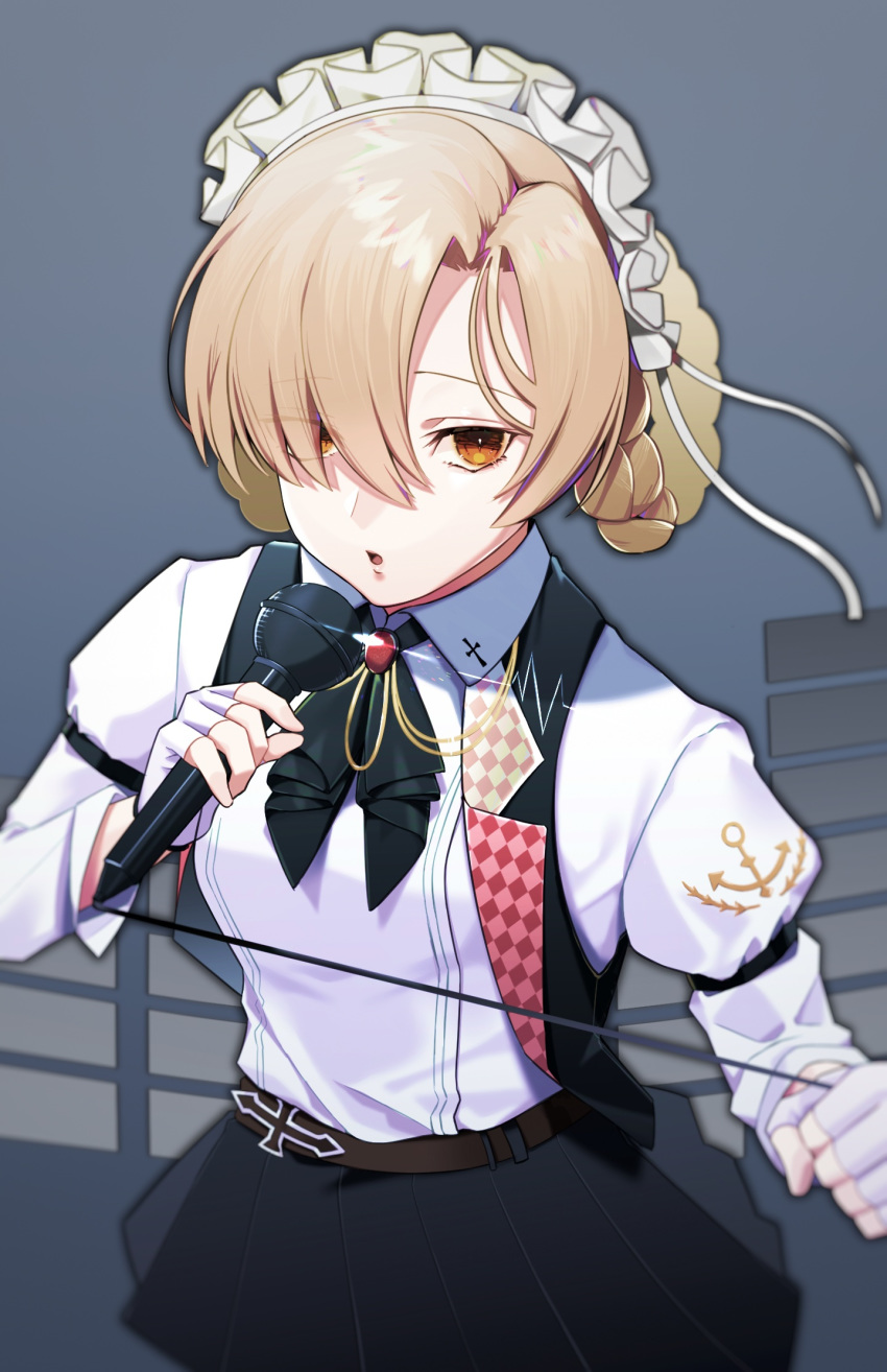 1girl anchor_symbol armband ascot azur_lane belt black_vest blonde_hair blue_background blurry braid brooch checkered checkered_vest commentary_request cross depth_of_field double-breasted eyes_visible_through_hair fingerless_gloves french_braid gloves hair_over_one_eye hair_ribbon highres holding holding_microphone jewelry juliet_sleeves long_sleeves looking_at_viewer maid_headdress microphone microphone_cord miniskirt open_mouth orange_eyes pleated_skirt puffy_sleeves ribbon sheffield_(azur_lane) sheffield_(muse)_(azur_lane) skirt solo suzu_(tonami0726) tsurime vest white_gloves white_ribbon