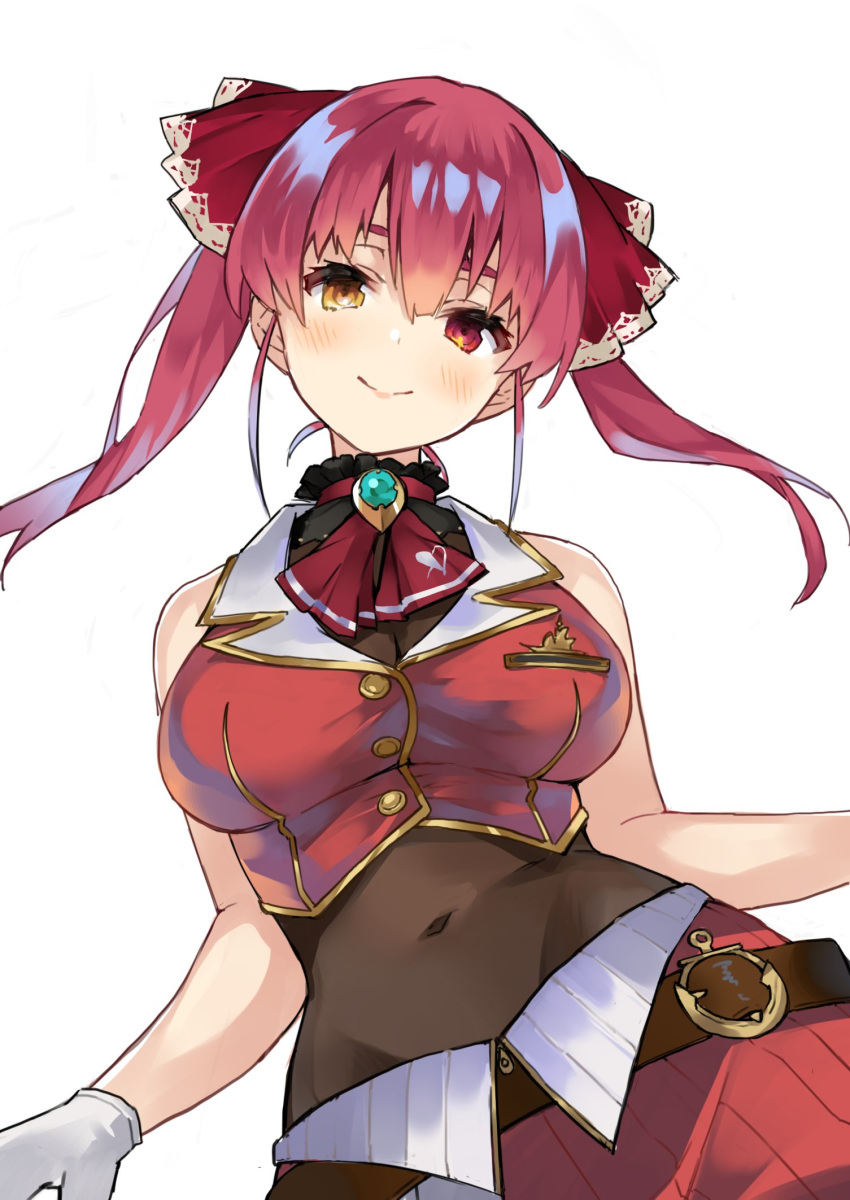 1girl bangs bare_shoulders belt blush breasts closed_mouth covered_navel gloves hat heterochromia highres hololive houshou_marine large_breasts long_hair looking_at_viewer nuqura pirate_hat red_eyes redhead simple_background smile solo twintails virtual_youtuber white_background white_gloves yellow_eyes