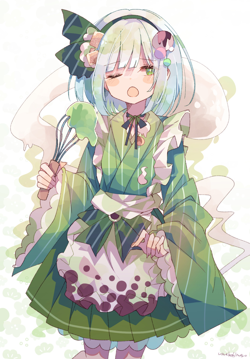 1girl apron bangs black_hairband blunt_bangs blush bob_cut bow bowtie cooking cowboy_shot eyebrows_visible_through_hair frilled_skirt frills green_eyes green_kimono green_neckwear green_ribbon green_skirt hairband highres hitodama japanese_clothes kimono konpaku_youmu konpaku_youmu_(ghost) one_eye_closed open_mouth pleated_skirt ribbon short_hair silver_hair skirt touhou umemaro_(siona0908) waist_apron white_hair