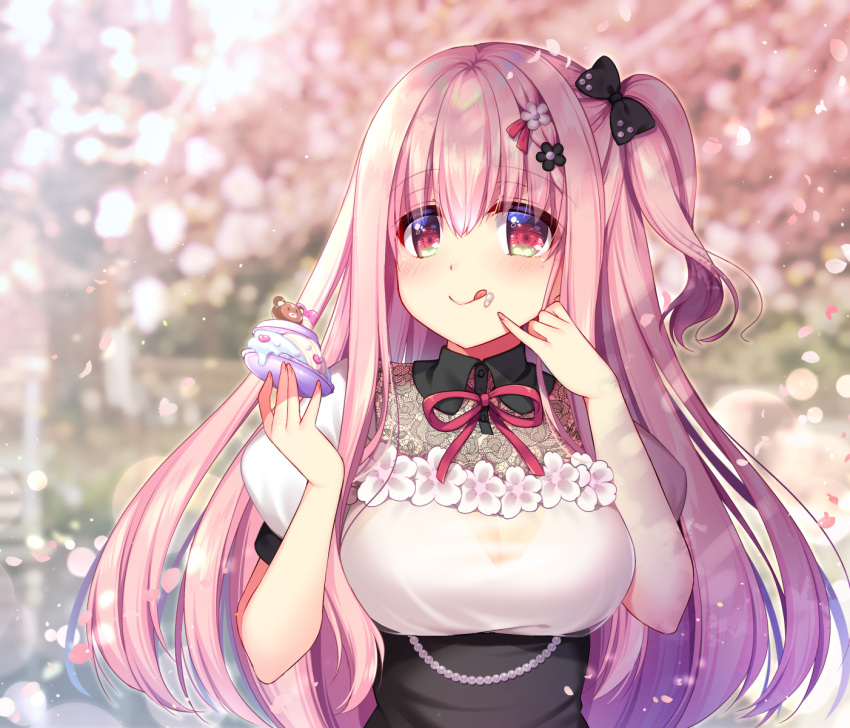 1girl bangs blurry blurry_background blush bow bowtie breasts cherry_blossoms commentary_request cream cream_on_face dress eyebrows_visible_through_hair finger_to_chin food food_on_face hair_between_eyes hair_bow hair_ornament highres holding holding_food lace lace-trimmed_dress long_hair looking_at_viewer macaron medium_breasts miharu_(ringo_sui) one_side_up original petals pink_eyes pink_hair red_neckwear ringo_sui shiny shiny_hair short_sleeves sidelocks smile solo tongue tongue_out