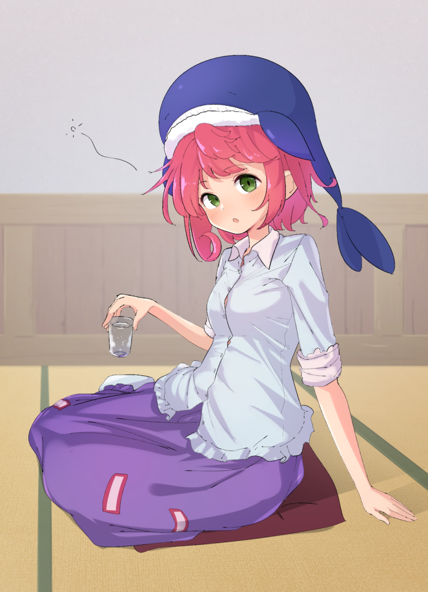 1girl :o arm_support arm_up blue_shirt blurry blurry_background blush cup cushion depth_of_field drinking_glass drunk eyebrows_visible_through_hair green_eyes highres holding holding_cup indoors kanpa_(campagne_9) long_sleeves looking_at_viewer okunoda_miyoi on_floor pink_hair purple_skirt shadow shirt short_hair shot_glass sitting sitting_on_pillow skirt sleeves_rolled_up socks solo tatami touhou whale_hat white_legwear yokozuwari zabuton