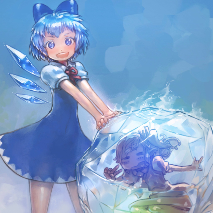 (9) 2girls blue_background blue_bow blue_dress blue_eyes blue_hair blue_nails blue_wings bow cirno commentary_request daiyousei dress frozen hair_bow highres ice ice_wings looking_at_viewer multiple_girls nail_polish one_side_up open_mouth pointy_ears puffy_short_sleeves puffy_sleeves short_hair short_sleeves skirt smile standing touhou v vest wings yst