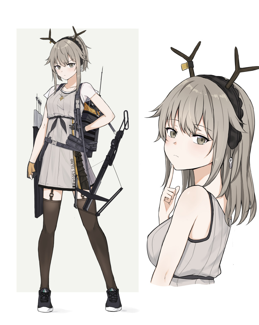 1girl absurdres antlers arknights bangs black_legwear bow_(weapon) breasts crossbow crossbow_bolts deer_antlers deer_girl eyebrows_visible_through_hair finger_to_chin firewatch_(arknights) from_side full_body garter_straps grey_eyes grey_hair hair_between_eyes highres holding holding_weapon jewelry long_hair looking_at_viewer mango_(mgo) multiple_views necklace ponytail see-through_sleeves serious shoes sidelocks simple_background small_breasts sneakers tank_top thigh-highs upper_body v-shaped_eyebrows weapon white_background