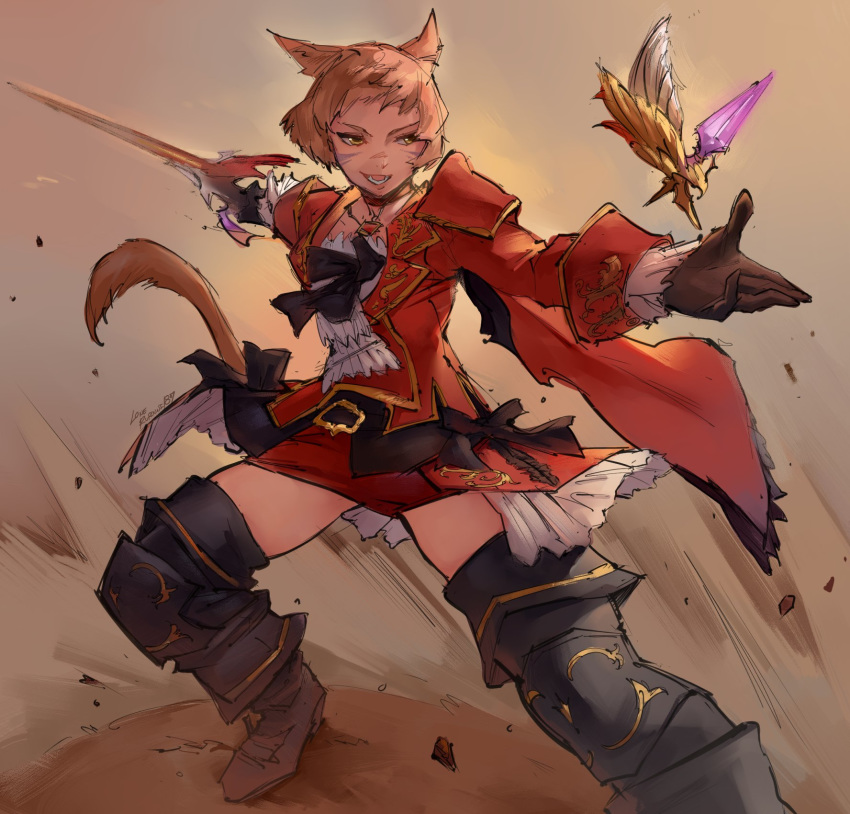 1girl animal_ears boots brown_hair cat_ears cat_girl cat_tail cravat facial_mark fighting_stance final_fantasy final_fantasy_xiv highres kenshin187 miqo'te rapier scar short_hair skirt sword tail thigh-highs thigh_boots weapon